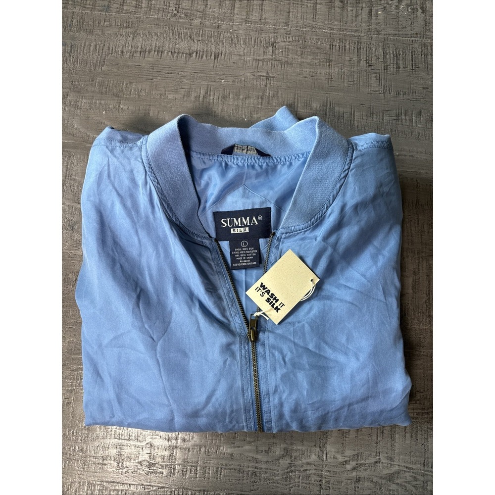 Vintage Summa Silk Bomber Jacket Men's Size Large Blue NWT 80s 90s Shoulder Pads